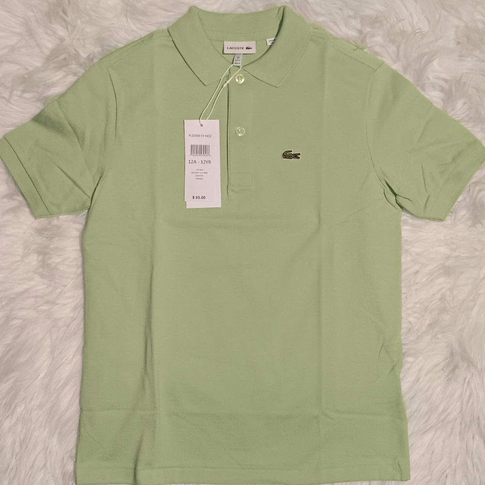 Lacoste Boys' Short Sleeve Classic Pique Polo Shirt, Light Green-12YR- NWT $55